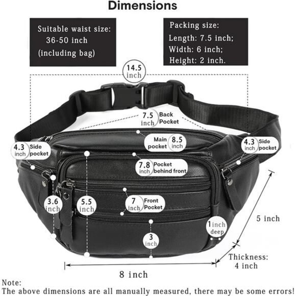 Black Leather Fanny Pack for Men & Women, Fashionable Multi-Pockets Waist Belt - Picture 3 of 14